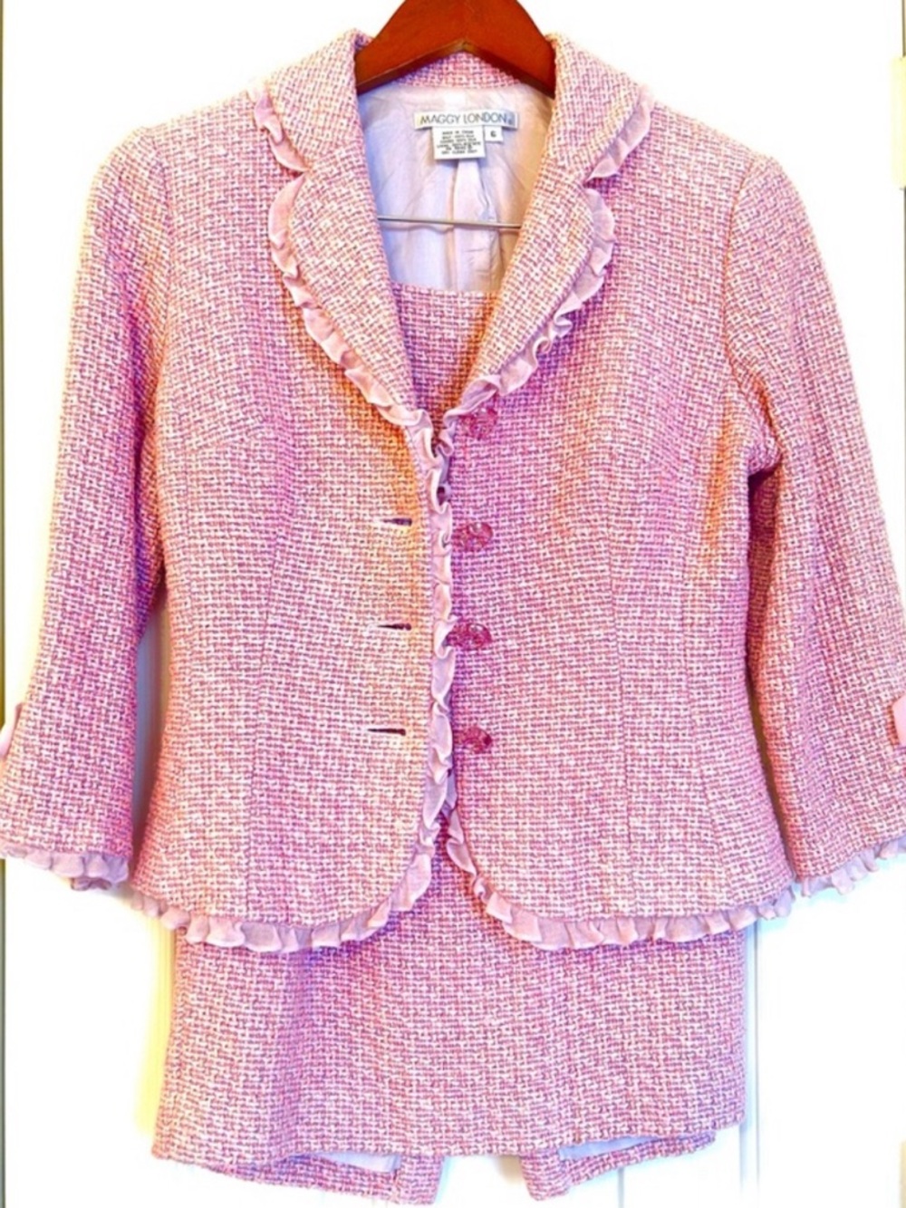 Maggy London Pink Lavender Tweeds flounces Vintage Silk Skirt Suits